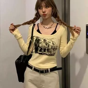 Поддельные футболки из двух предметов в стиле пэчворк, весенние тонкие футболки с мультяшным принтом Y2k, эстетичная футболка, женский укороченный топ в стиле Харадзюку в стиле гранж S чёрный