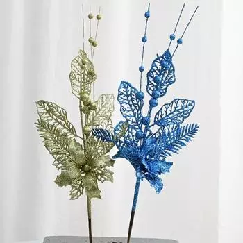 Поддельные листья, блестящая пудра, блестящие полые искусственные цветы, украшение для рождественской вечеринки, реквизит для свадьбы, ягодная ветка золотистый