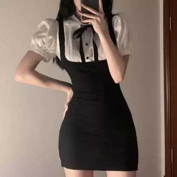 Поддельные платья из 2 предметов, женские платья с пышными рукавами в консервативном стиле, милое платье-футляр, мини-корейская версия, шикарный темперамент, антивозрастные винтажные платья S чёрный