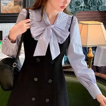 Поддельные платья из двух частей для светских львиц, женская одежда в стиле пэчворк, элегантное весенне-осеннее платье с воротником-шарфом, шикарное мини-платье с бантом на завязках L чёрный/синий