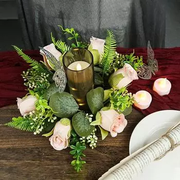 Поддельные розы свечи венок искусственные цветы ручной работы свеча кольцо искусственные розы гирлянда C 1pc