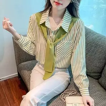 Поддельные рубашки из двух частей в полоску, осень-весна, новая модная свободная блузка с воротником-поло, женская блузка с длинными рукавами, размер S-2XL S зелёный