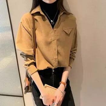 Поддельные рубашки из двух предметов, женские корейские модные винтажные элегантные шикарные коричневые хлопковые блузки с низом M коричневый