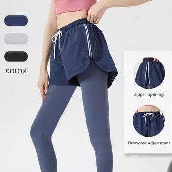 Поддельные штаны для йоги из двух предметов, мягкие леггинсы, большие размеры, брюки для фитнеса, женские брюки с высокой талией, спортивные брюки для бега с подъемом бедер S синий