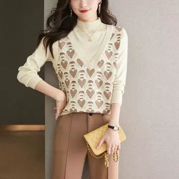 Поддельные свитера из двух предметов, женский пуловер на осень и зиму, уникальный контрастный цвет, элитный пуловер из европейской иностранной шерсти, женский One Size чёрный