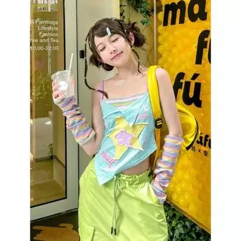 Поддельные топы из двух предметов контрастного цвета, майка с бантом, буквой, звездой, лоскутные тонкие топы, милые Y2k, Эстетическая повседневная мода, универсальные майки M синий/жёлтый