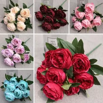 Поддельный букет цветов, не выцветающий, «сделай сам», не требующий ухода, красивый, с 10 головками, роскошная имитация розы, пиона для гостиной светло-розовый