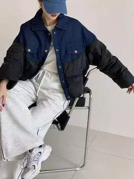 Поддельный двухкомпонентный джинсовый пуховик женский зимняя мода 2024 года дизайн чувство сращивания тренд теплая белая утиная пуховая куртка взрыв S верблюд