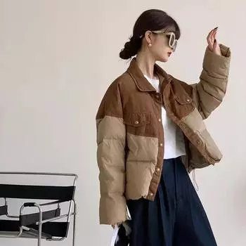 Поддельный двухкомпонентный джинсовый пуховик женский зимняя мода 2024 года дизайн чувство сращивания тренд теплая белая утиная пуховая куртка взрыв M тёмно-синий