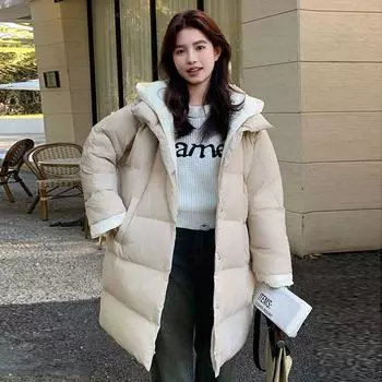 Поддельный двухкомпонентный пуховик средней и длинной длины для женщин 2024 года, зимняя мода, утолщенный сращивающийся белый утиный пух, свободная большая стеганая куртка S чёрный