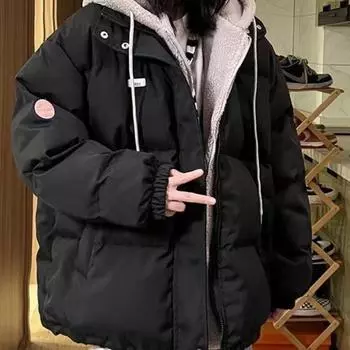 Поддельный двухкомпонентный пуховик женский зима 2024 новый корейский свободный зимний овечий шерстяной пиджак женский бархатный толстый S чёрный