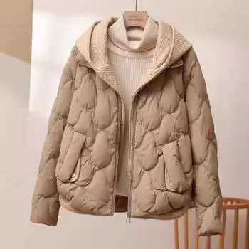 Поддельный двухкомпонентный трикотажный пуховик с капюшоном из хлопка для женщин, зимняя новая короткая куртка Майяра в корейском стиле, толстая куртка Одежда M белый
