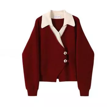 Поддельный двухсекционный нерегулярный женский кардиган рождественский красный свободный женский вязаный свитер с лацканами и цветочными пуговицами топы для девочек One Size красный