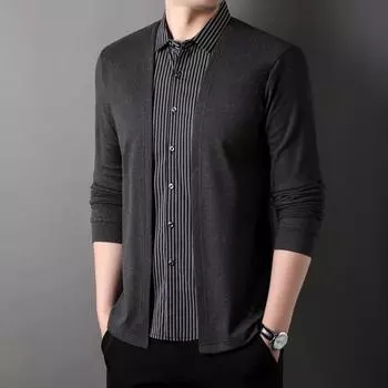 Поддельный двухсекционный полосатый сращивающийся новый весенний мужской пуловер с лацканами модная повседневная нижняя рубашка для мужчин M чёрный