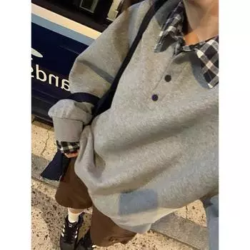 Поддельный двухсекционный свитер с отворотом в клетку 2024 года, весна, осень и зима, новый нишевый дизайн, уменьшающий возраст, студенческий топ для женщин M