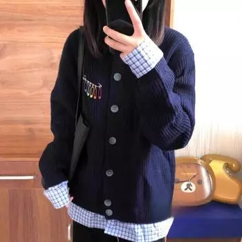 Поддельный двухсекционный вязаный кардиган женский японский ретро клетчатый воротник свитер шикарный женский топ с украшением в виде булавки one size fits all тёмно-синий