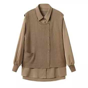 Поддельный двухсекционный вязаный свитер, осенний свободный пуловер с длинным рукавом, женский стильный воротник рубашки, универсальные свитера, топ One Size(45-65kg) тёмно-синий