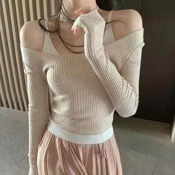 Поддельный двухсекционный вязаный свитер женский сращивание ранняя весна новый нежный износ тонкий с длинными рукавами тонкий однотонный топ женский One size абрикосовый
