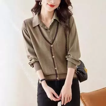 Поддельный двухслойный пуловер, женский модный вязаный свитер с длинным рукавом, осенне-весенний свитер с воротником-рубашкой one size хаки