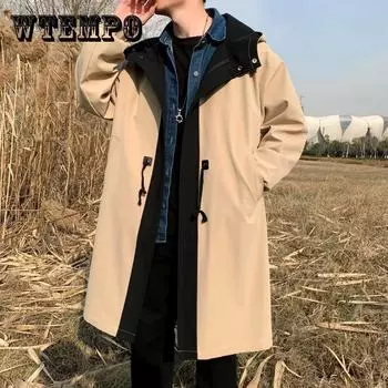 Поддельный комплект из 2 предметов, ветровка, весенняя, большого размера, с капюшоном, мужская, повседневная, свободная, однотонная, удобная, длинная куртка XXXL хаки