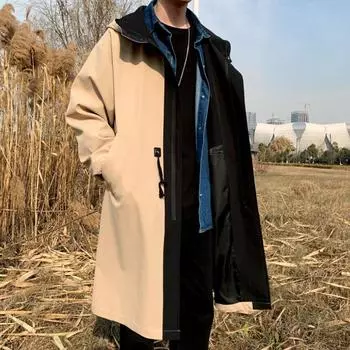 Поддельный комплект из 2 предметов, ветровка, весенняя, большого размера, с капюшоном, мужская, повседневная, свободная, однотонная, удобная, длинная куртка M хаки