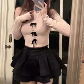 Поддельный комплект из двух предметов, лоскутная футболка с милым бантом, корейская мода, с длинным рукавом, Y2k, эстетический топ, женские сексуальные футболки с открытыми плечами S синий