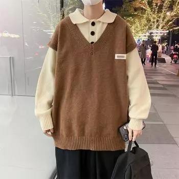 Поддельный мужской свитер из двух частей, зимний, толстый, высококачественный, ленивый, стильный, топовый, нишевый, американский, шикарный свитер M