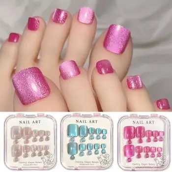 Поддельный ноготь на пальце ноги Накладной ноготь на пальце ноги Кошачий глаз Блеск Короткий квадратный акриловый DIY Декор ногтей на пальце ноги