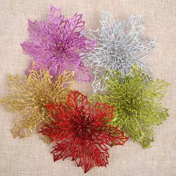 Поддельный рождественский цветок. Красивое изысканное мастерство. Широкое применение. Поддельный рождественский цветок. Рождественская елка. Сияющий цветочный декор. Поддельный рождественский цветок. красный