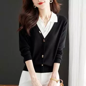 Поддельный свитер из двух частей с длинными рукавами, осенний наряд для мам, трикотажный свитер с воротником-поло, женский свитер с лацканами, базовая рубашка One Size чёрный