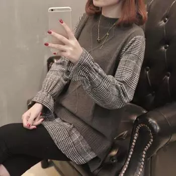 Поддельный свитер из двух частей в клетку, свободный, ретро, женский, осень/зима, модный, круглый вырез, длинный рукав, трикотажный низ, пуловер, верх One Size(45-61kg) красный