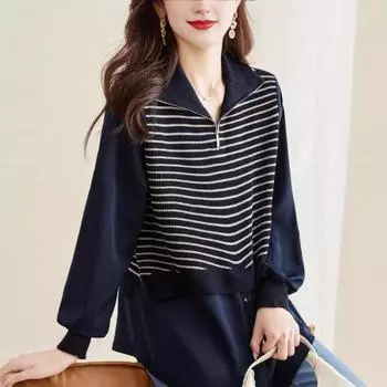 Поддельный свитер из двух частей, женская мода, вязаный свитер с воротником-лацканом, застежкой-молнией, сращивание свитеров one size хаки