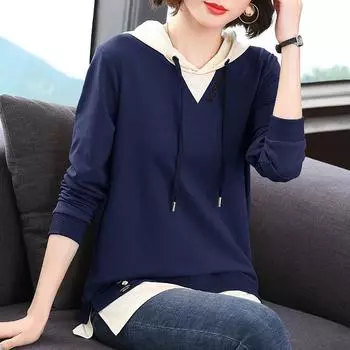 Поддельный свитер из двух частей, женская футболка с длинными рукавами на весну и осень, женская футболка средней длины с верхом и низом 5XL чёрный