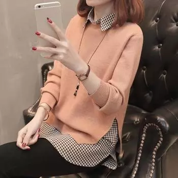 Поддельный свитер из двух частей, женский свободный трикотажный свитер в стиле пэчворк, рубашка-пуловер, осенний свитер с длинным рукавом и лацканами в клетку One Size(40-62kg) чёрный