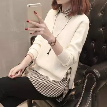 Поддельный свитер из двух частей, женский свободный трикотажный свитер в стиле пэчворк, рубашка-пуловер, осенний свитер с длинным рукавом и лацканами в клетку One Size(40-62kg) чёрный