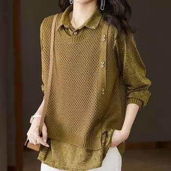 Поддельный свитер из двух частей, женский трикотажный свитер в стиле пэчворк, рубашка-пуловер, осенний свитер с длинным рукавом и однотонными лацканами, ажурное кружево One Size(40-62kg) зелёный