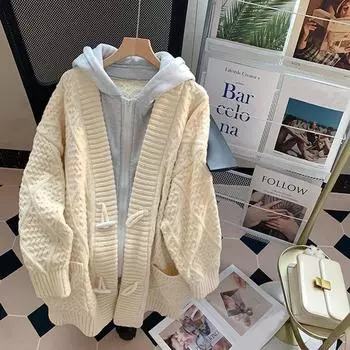 Поддельный свитер из двух предметов с капюшоном, кардиган, пальто 2023, женский весенне-осенний свободный вязаный кардиган средней длины с длинными рукавами, женский One Size темно-коричневого