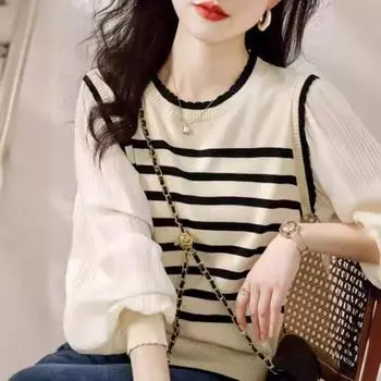 Поддельный вязаный свитер из двух частей, осенний свитер с длинными рукавами в полоску в стиле ретро, женский топ S бежевый