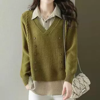 Поддельный вязаный свитер из двух предметов, женский воротник рубашки, весна-осень, корейский свободный свитер с длинными рукавами, коричневая рубашка XXXL чёрный