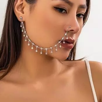 Поддельный зажим для пирсинга ноздрей, зажим для носа, кольца, украшения для тела, длинная цепочка, серьги, подарок серебряный