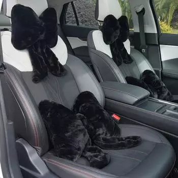 Поддержка поясницы для автомобиля зимой: Удобное сиденье и подголовник с бантом из искусственного меха кролика.