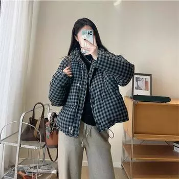 Подгибка крупная клетка 2024 зима новый ретро клетчатый короткий клетчатый пуховик женский утолщенный хлеб куртка Average size 90-70kg