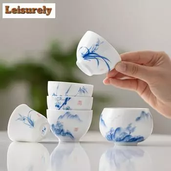 Подглазурная цветная расписанная вручную чашка с пейзажем из белого фарфора, ароматная чашка Master Cup, маленькие пиалы для чая, чашка для медитации, чайный сервиз Kung Fu