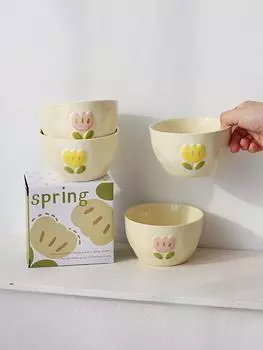 Подглазурная роспись вручную кремовая цветочная чаша подарочная коробка подарок домой завтрак овсянка йогурт миска