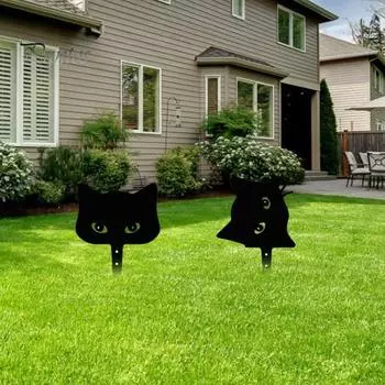 Подглядывающий черный кот садовый колышек устойчивый к погодным условиям прочный уличный патио двор газон металлический котенок знак животное железный шип палка украшение орнамент A