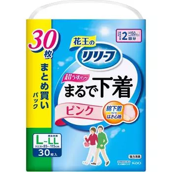 Подгузники-трусы KAO Relief - как нижнее белье - 2 порции - розовые - L - LL 30 шт. x 2 Тонкие подгузники для взрослых: Тип брюк Тонкий тип 1 set