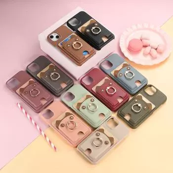 Подходит для Apple 16 Pro Max Чехол для мобильного телефона Ins Wind Bear Card Holder IPhone15Pro Защитный чехол iPhone 16 Pro Max чёрный