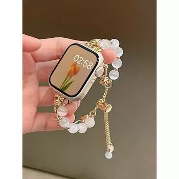 Подходит для Apple Watch Iwatchs10 Ремешок Изящный браслет из опаловых бусин Девушка S8s7s9apple Stone Bead Bracelet-Gold [49mm] for iWatch ultra