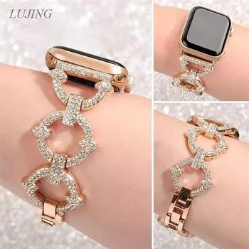 Подходит для Apple Watch Ultra2 Ремешок 49 мм Женский браслет iWatch S9 45 мм 44 мм, Продвинутая креативная металлическая пряжка Цепочка, Бриллиантовые усыпанные часы 42 мм 38 мм For 38mm 40mm 41mm чёрный