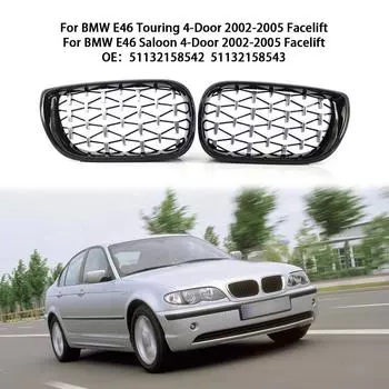 Подходит для BMW E46 4D Пара черных передних решеток Diamond Meteor style Grill 02-05